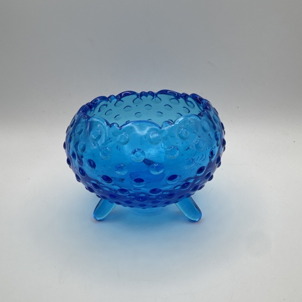 LE Smith Glass Blue Hobnail Rose Bowl Dish‎ Vase 3 Footed Vintage Mid Century